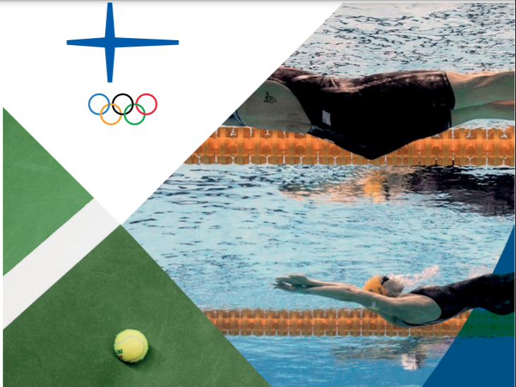 En tredelad bild. En tennisplan med en tennisboll, simmare i en simbassäng som simmar bakåt och en bild på logon för Finlands olympiska kommitté.